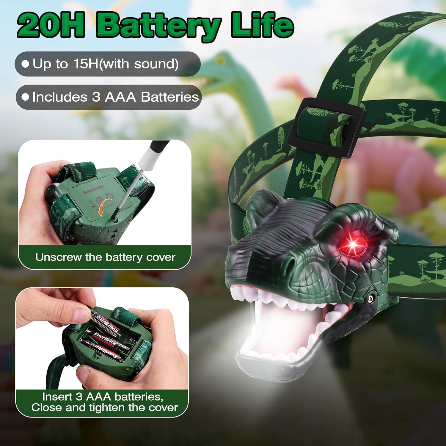 image:imageEverBrite Dinosaur LED Headlamp TRex Head Lamp with Roar amp Silent Mode Batteries Included HandsFree Headlight for Camping Hiking Night Walking Costume amp Outdoor UseDINOSAUR