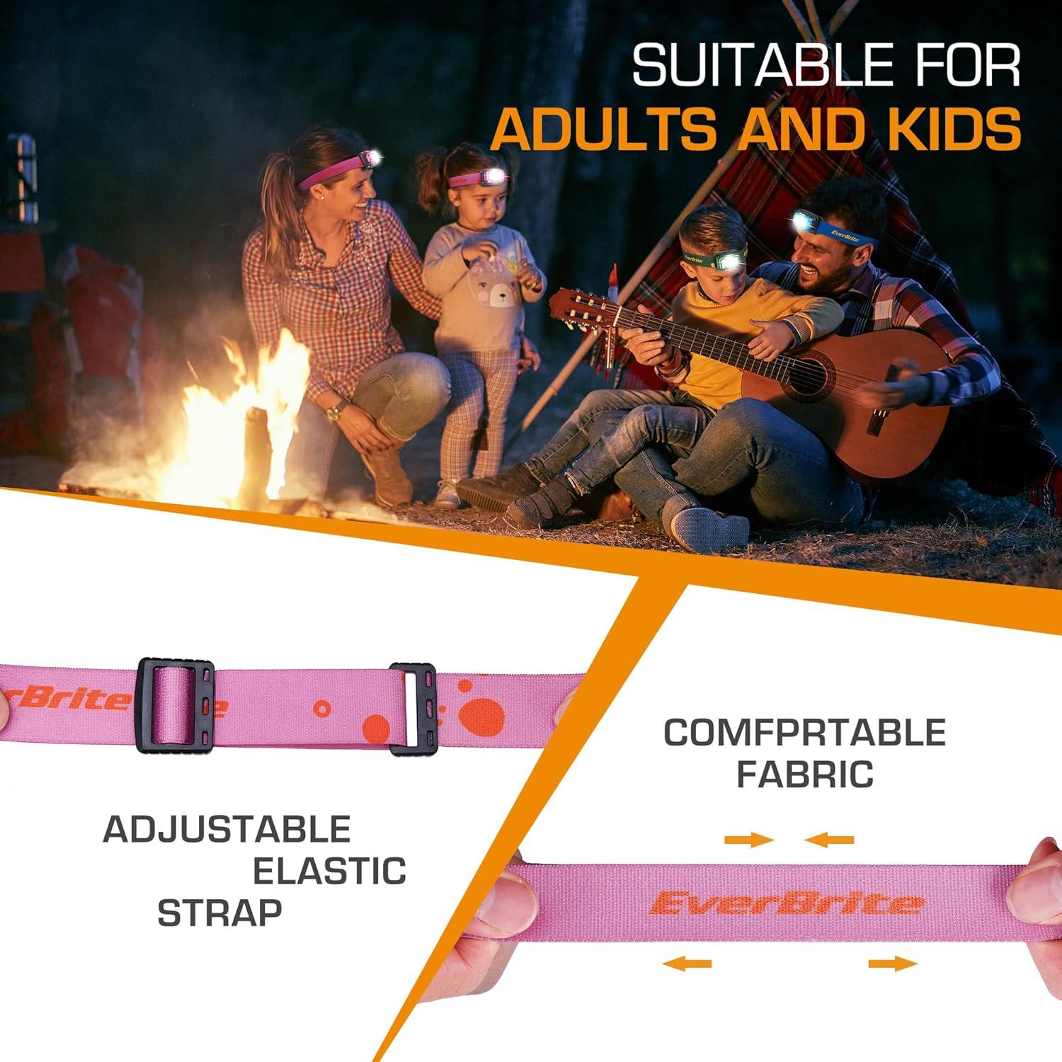image:imageEverBrite Rechargeable Headlamp 2 Pack Kids Headlamp with WhiteRedGreen Light and Memory Function Head Lamp for Adult and Kid with 5 Modes 120 Adjustable LED Headlamp for Camping RunningPinkCoral Pink