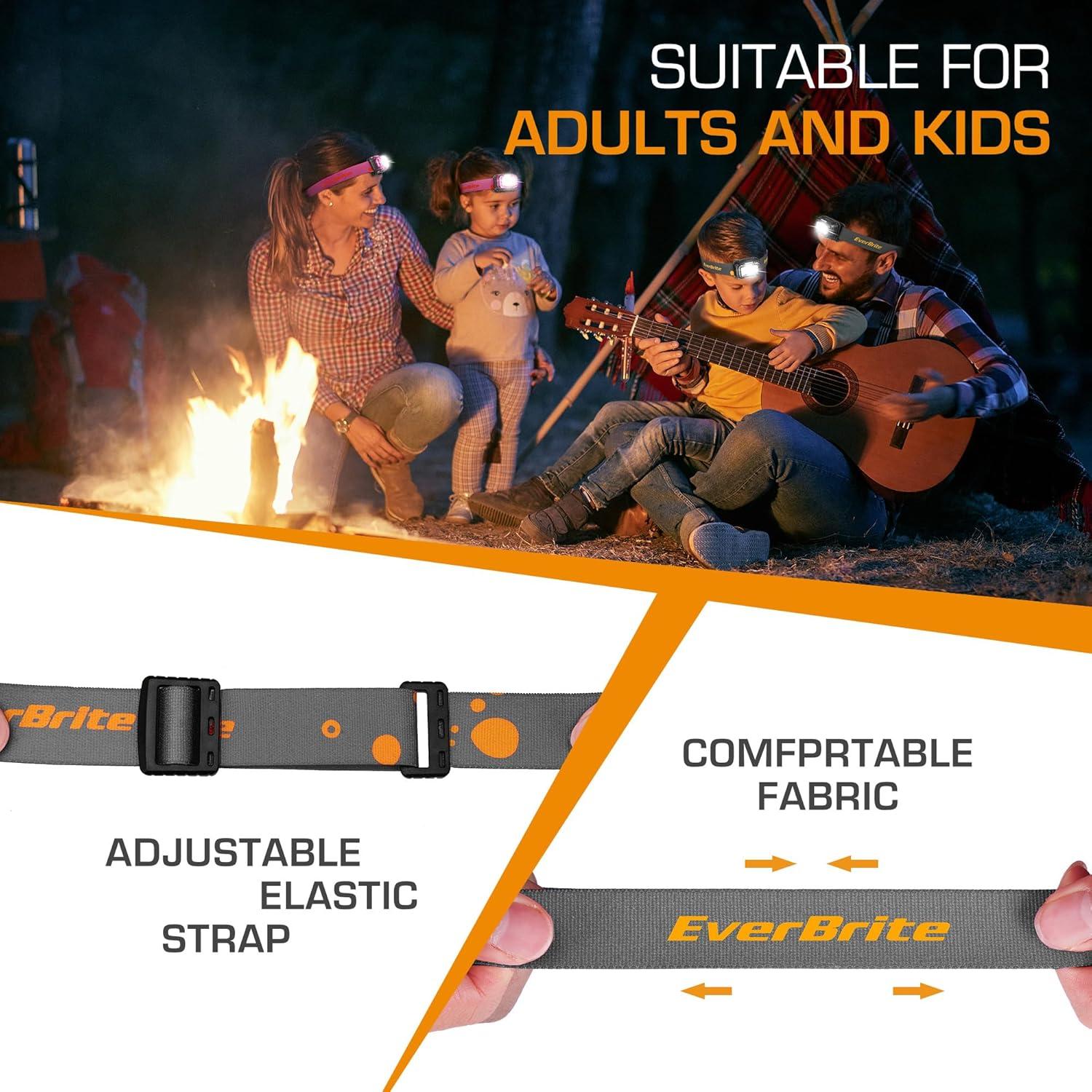 image:imageEverBrite Rechargeable Headlamp 2 Pack Kids Headlamp with WhiteRedGreen Light and Memory Function Head Lamp for Adult and Kid with 5 Modes 120 Adjustable LED Headlamp for Camping RunningPinkPure Transparent