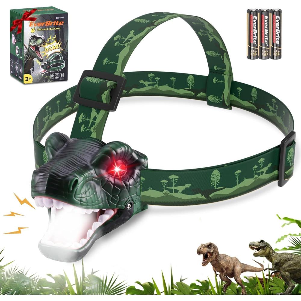 image:imageEverBrite Dinosaur LED Headlamp TRex Head Lamp with Roar amp Silent Mode Batteries Included HandsFree Headlight for Camping Hiking Night Walking Costume amp Outdoor UseDINOSAUR