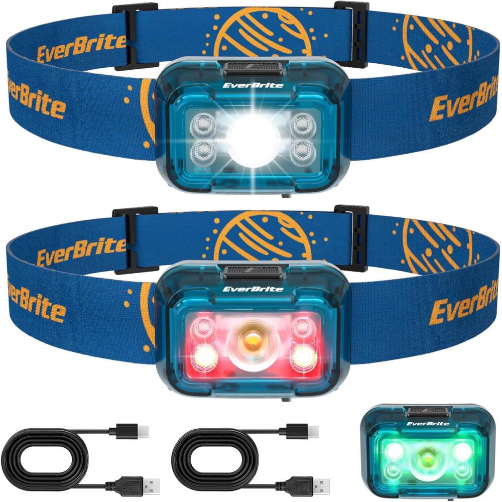 image:imageEverBrite Rechargeable Headlamp 2 Pack Kids Headlamp with WhiteRedGreen Light and Memory Function Head Lamp for Adult and Kid with 5 Modes 120 Adjustable LED Headlamp for Camping RunningPinkMineral Blue