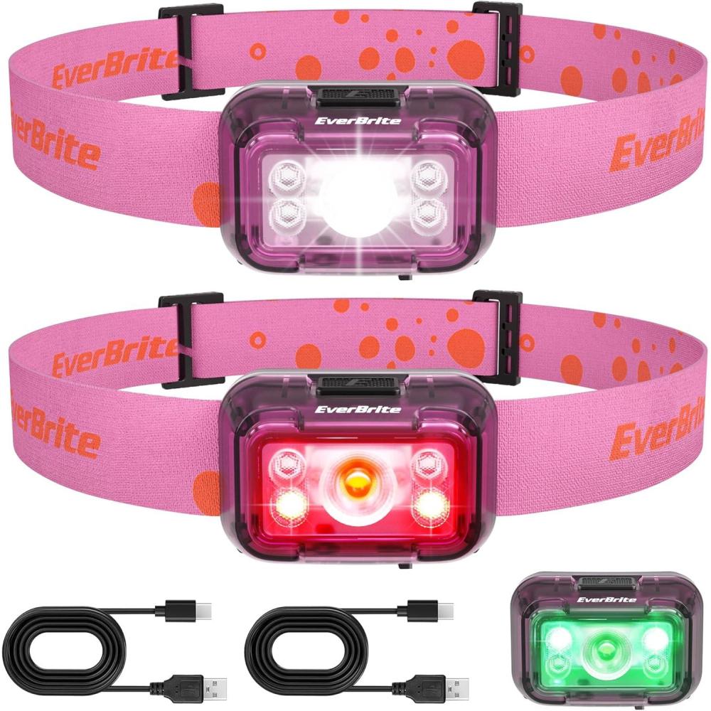 image:imageEverBrite Rechargeable Headlamp 2 Pack Kids Headlamp with WhiteRedGreen Light and Memory Function Head Lamp for Adult and Kid with 5 Modes 120 Adjustable LED Headlamp for Camping RunningPinkCoral Pink