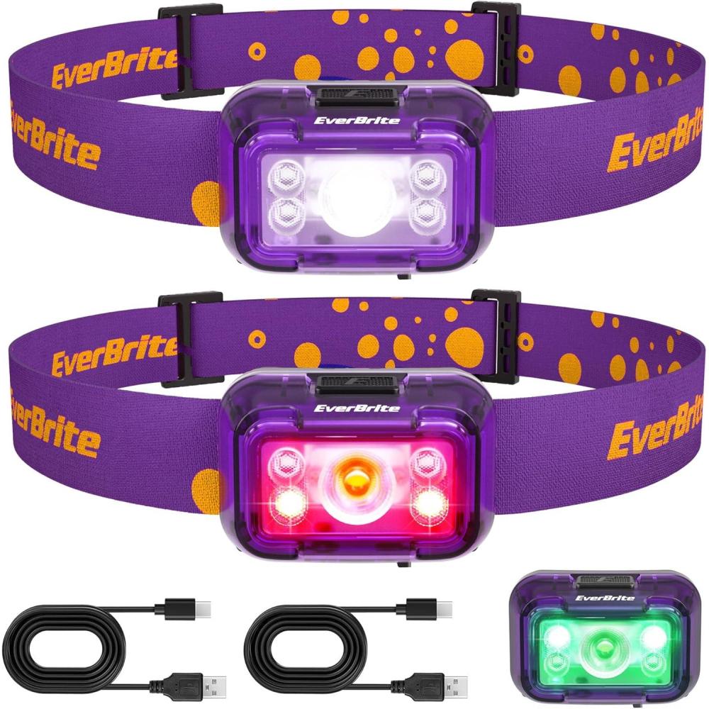 image:imageEverBrite Rechargeable Headlamp 2 Pack Kids Headlamp with WhiteRedGreen Light and Memory Function Head Lamp for Adult and Kid with 5 Modes 120 Adjustable LED Headlamp for Camping RunningPinkDeep Purple