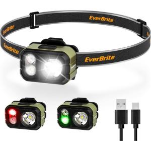 EverBrite 400LM Rechargeable Headlamp, 1.59 oz Lightweight & Comfortable Head Lamp with Hat Clip, IP67 Waterproof, White/Red/Green Light, 7 Modes for Running, Camping and Backpacking-Purple(Green)