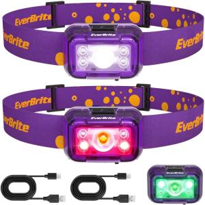 EverBrite Rechargeable Headlamp, 2 Pack Kids Headlamp with White/Red/Green Light and Memory Function, Head Lamp for Adult and Kid with 5 Modes, 120° Adjustable LED Headlamp for Camping, Running-Pink(Deep Purple)